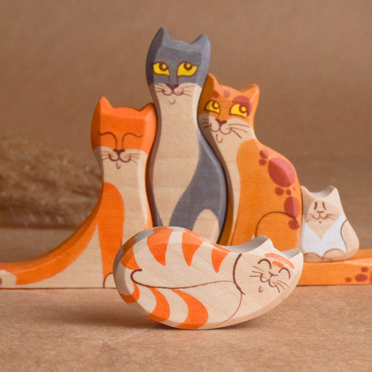 Wooden cat family figurines, handmade and hand-painted