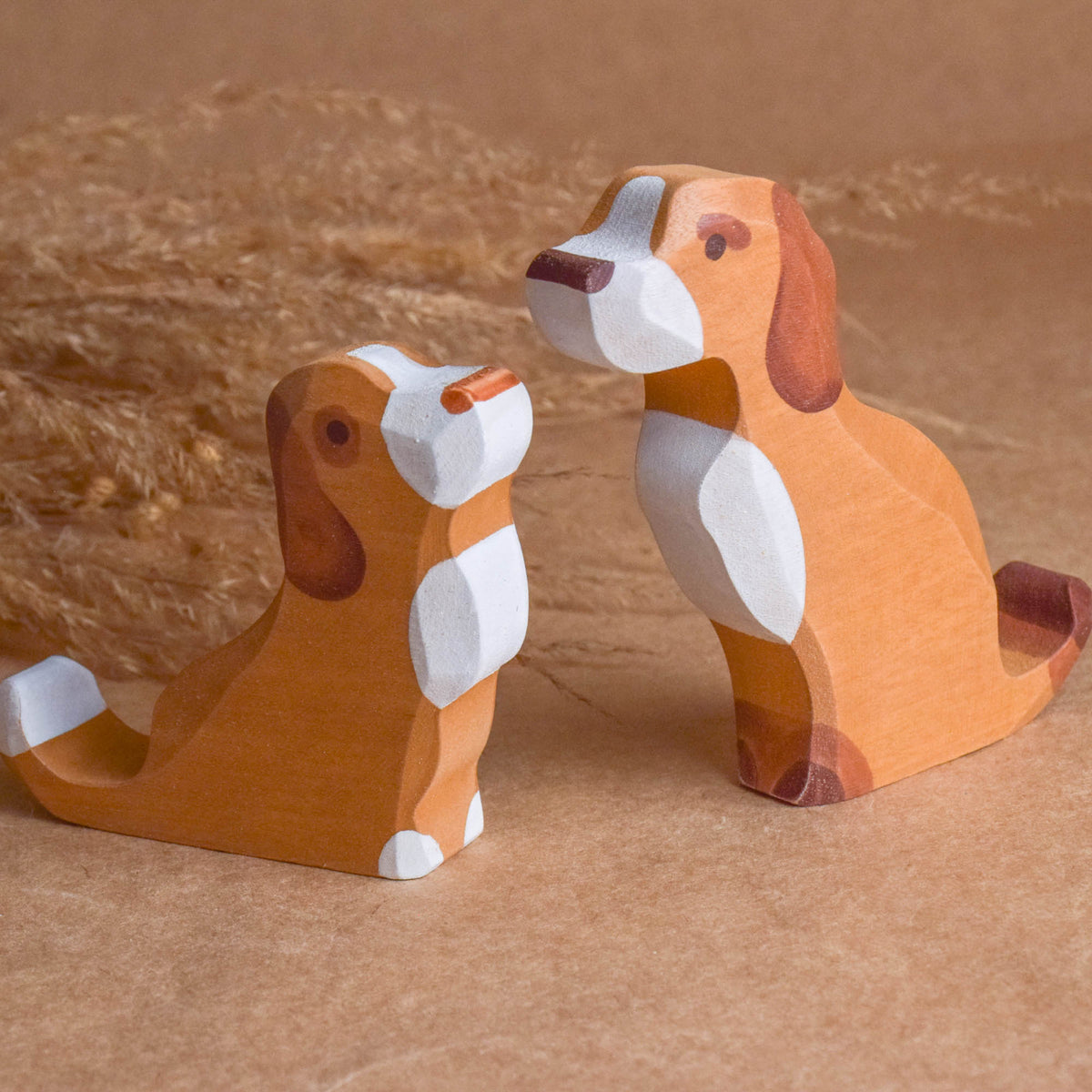 Wooden dog family figurines, handmade and hand-painted