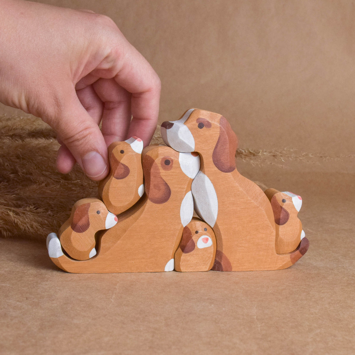 Hand-painted wooden dog and puppy figures