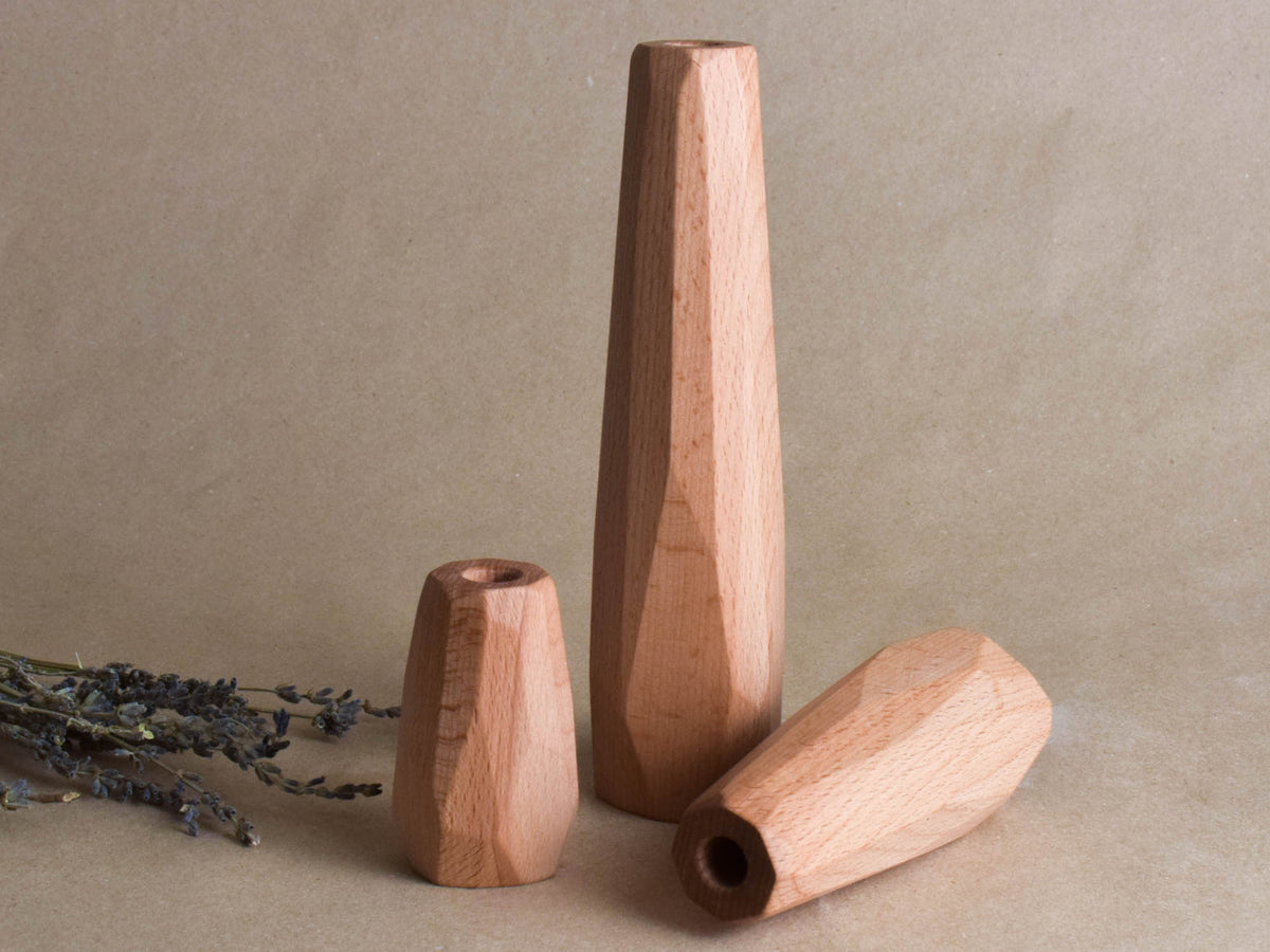 Beech wood decorative vases with geometric carvings