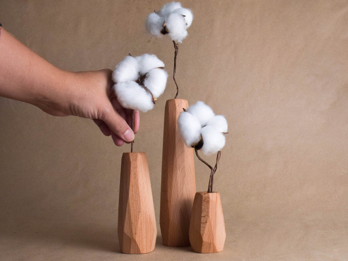 Solid beech wood vases for dried floral displays