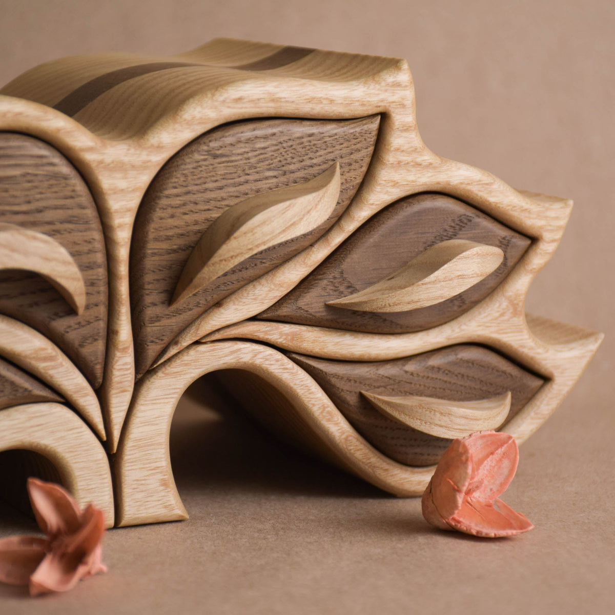 Ash and oak jewelry organizer with a leaf design