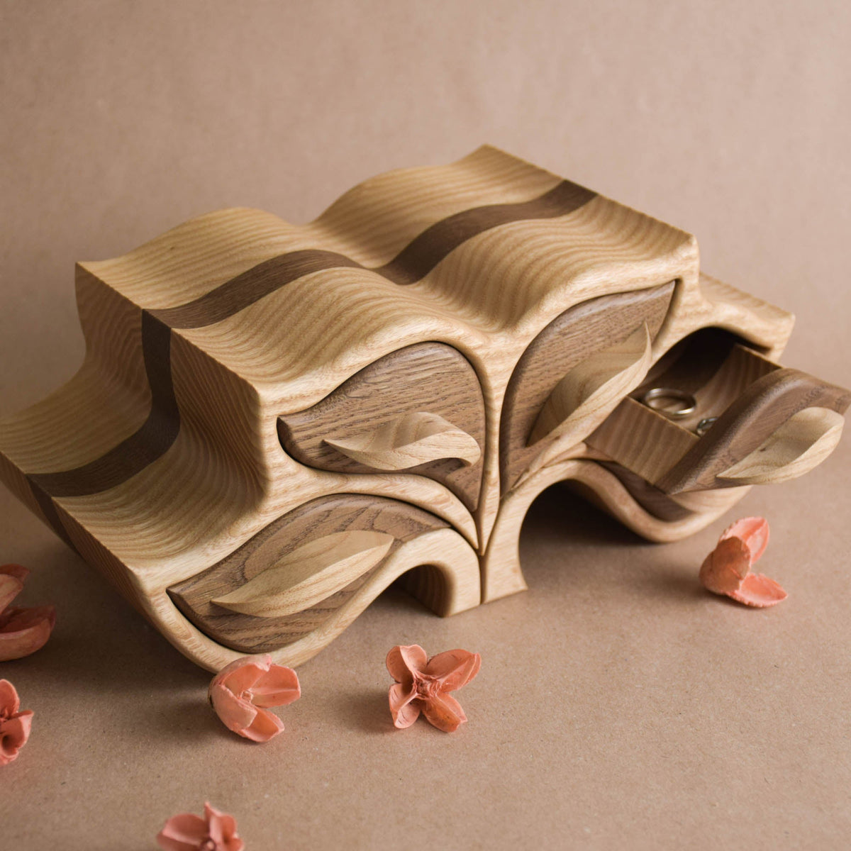 Wooden jewelry tree with five leaf-shaped storage drawers