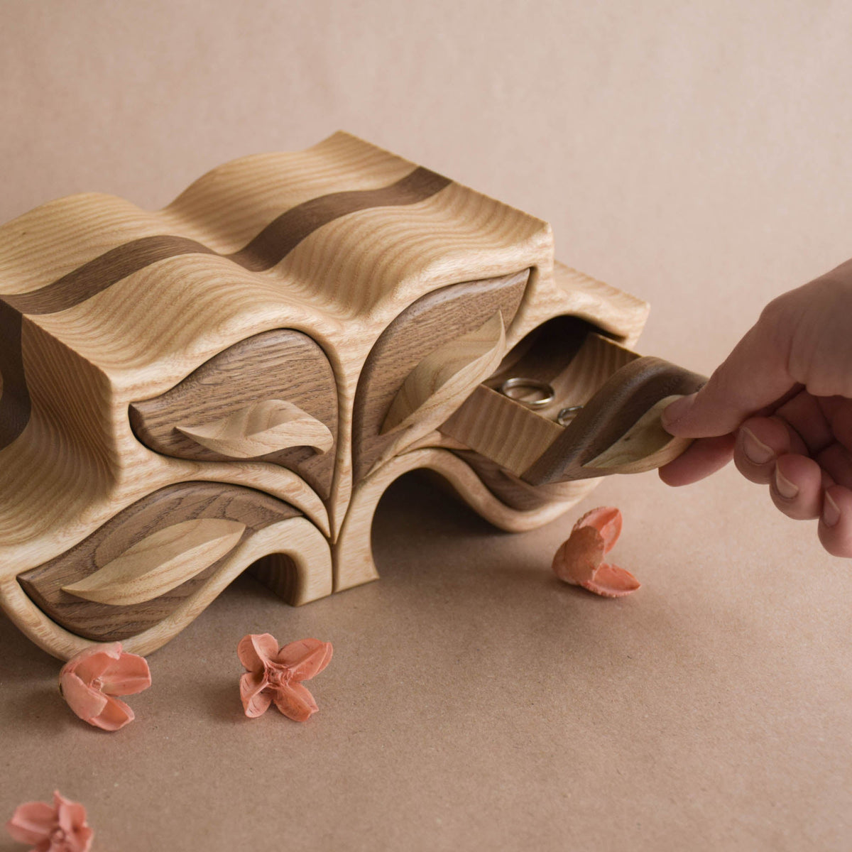 Handmade botanical jewelry box made from solid wood