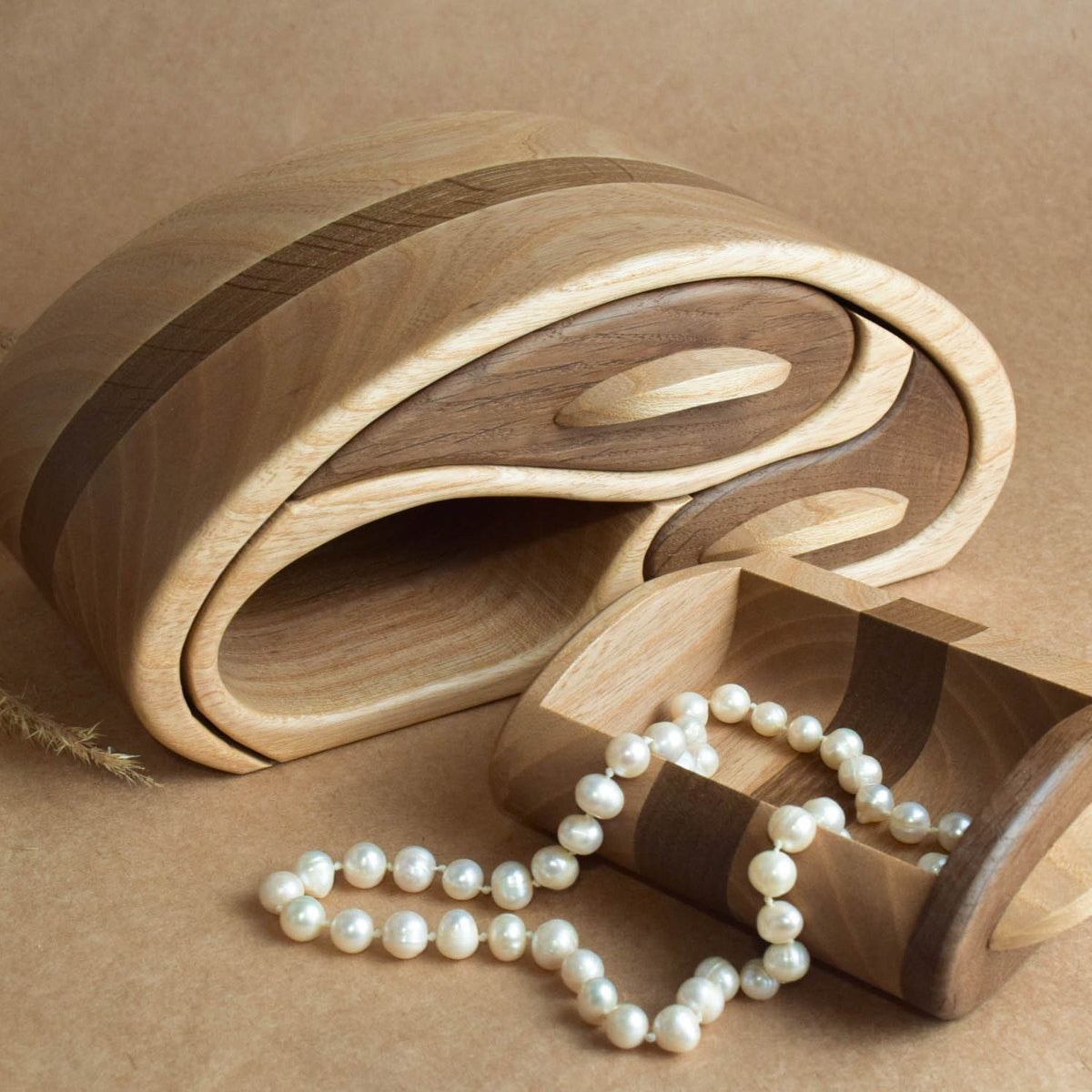 Wooden oval jewelry box with storage drawers