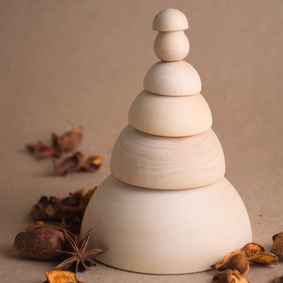 Natural wood mushroom figures with removable caps