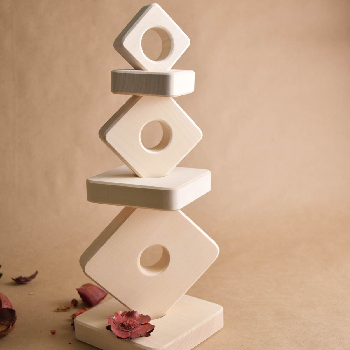 Natural wood ring stacker with square rings