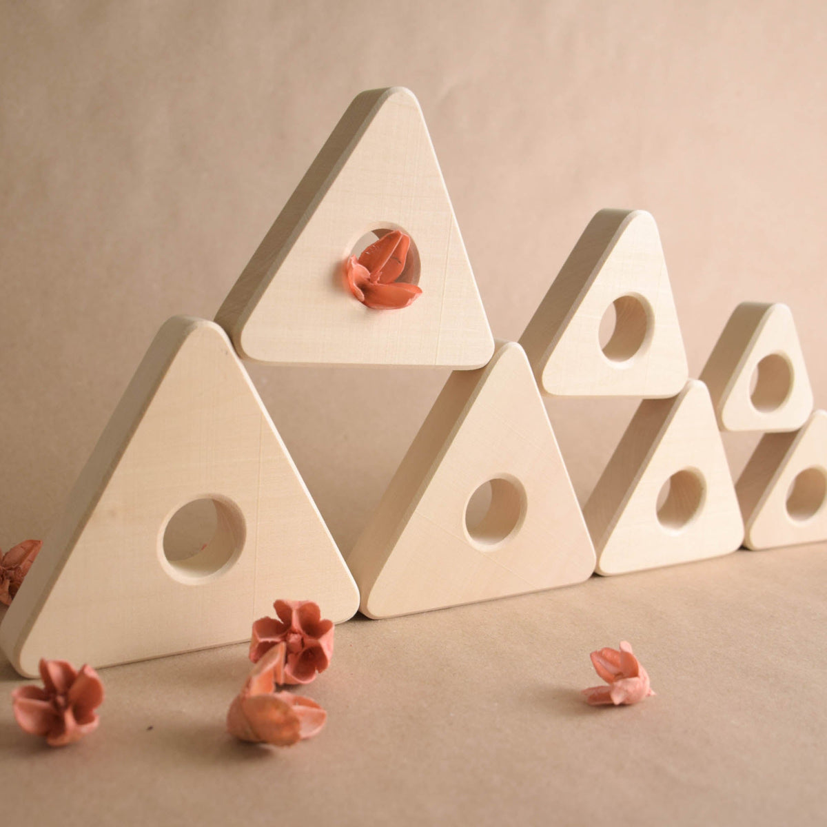 Natural wood stacking rings toy with triangular rings