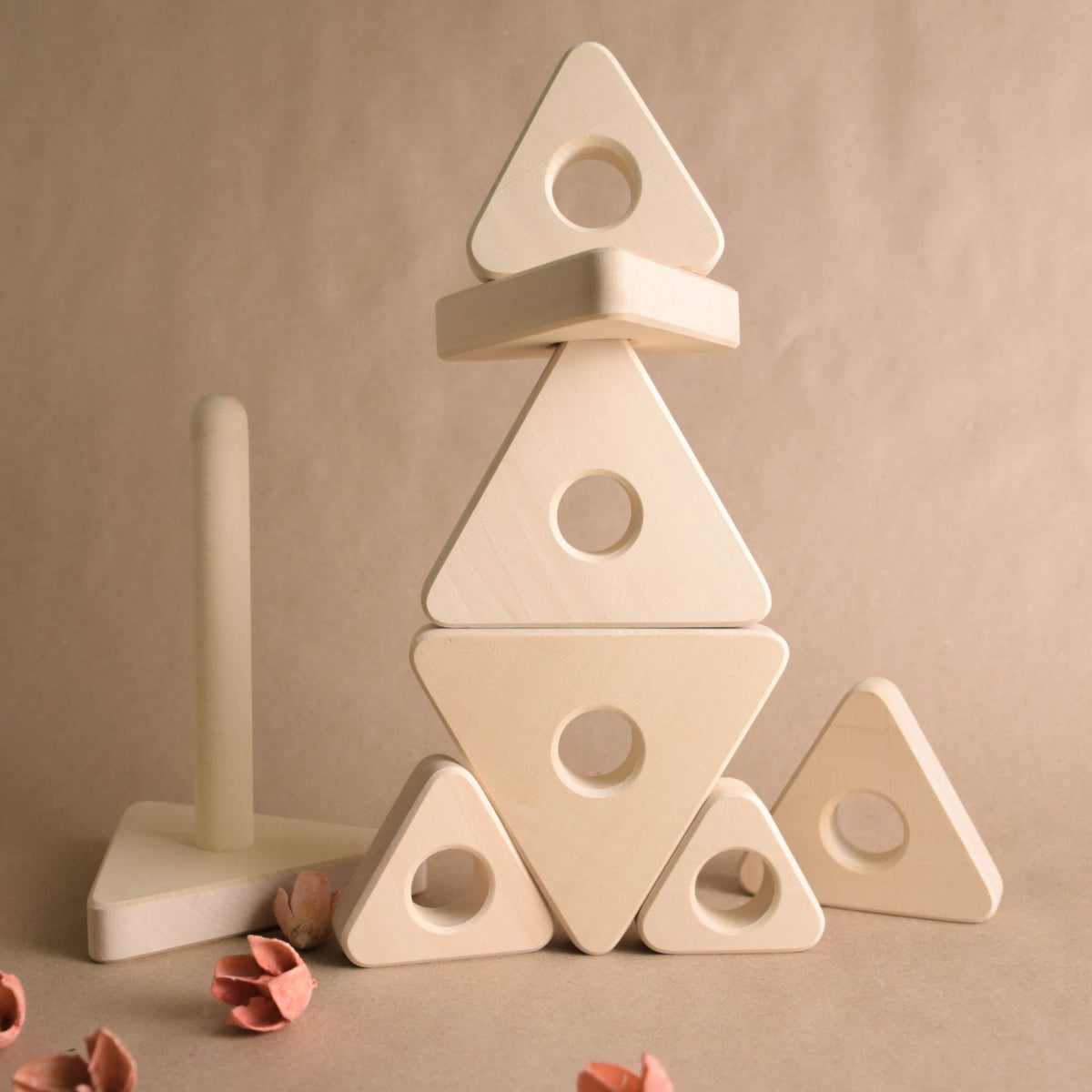 Natural wood ring stacker with triangular rings