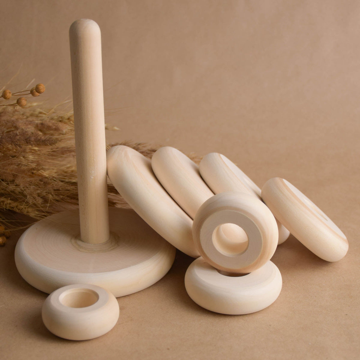 Natural wood ring stacker with turned rings