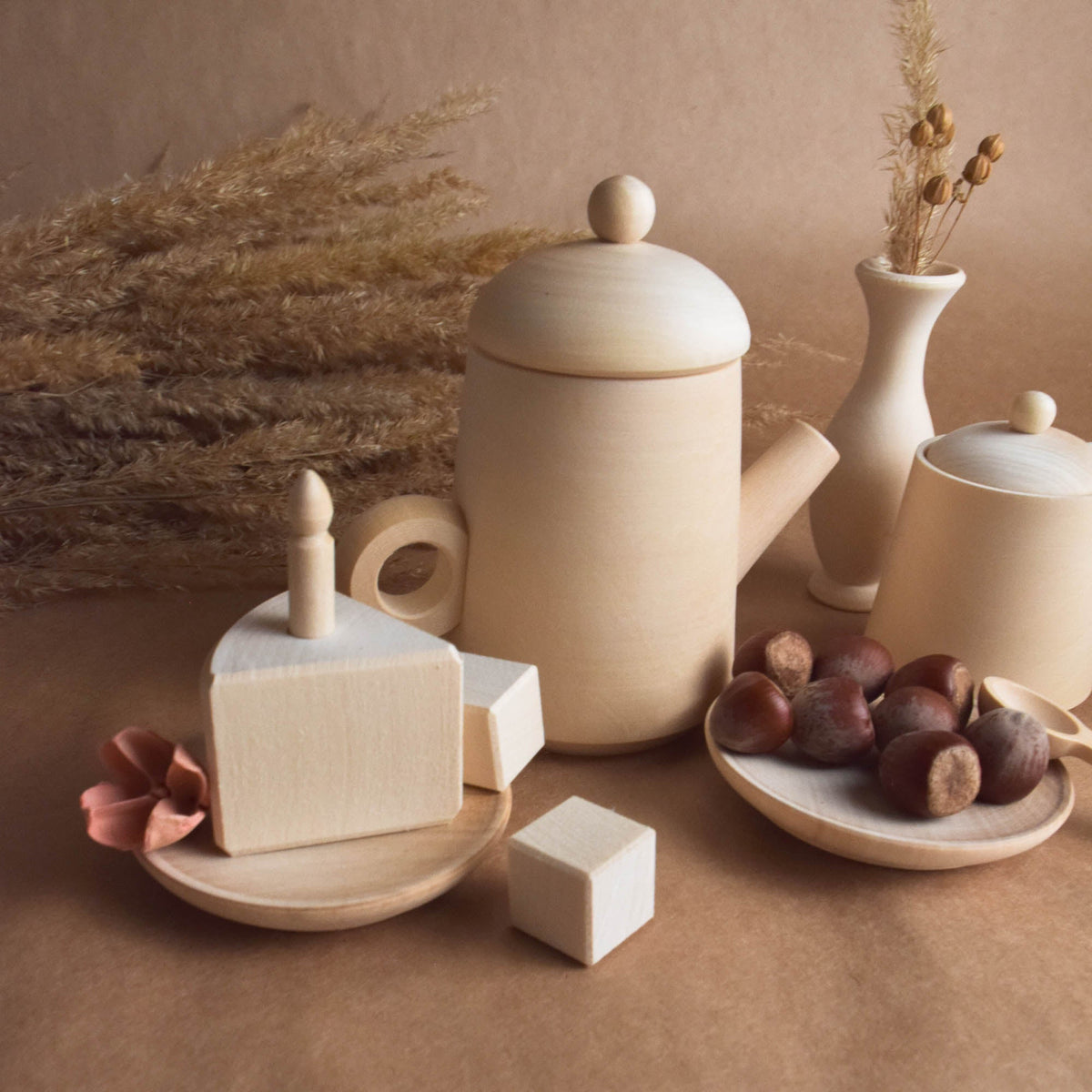 Handmade wooden tea and birthday cake play set for Montessori-inspired play, without paint or coating