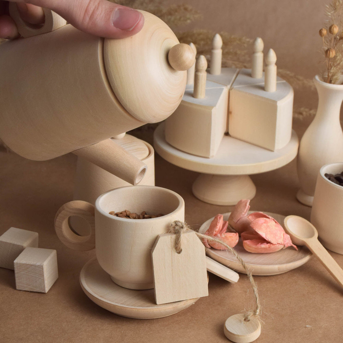 Handmade wooden tea and birthday cake play set for Montessori-inspired play, without paint or coating