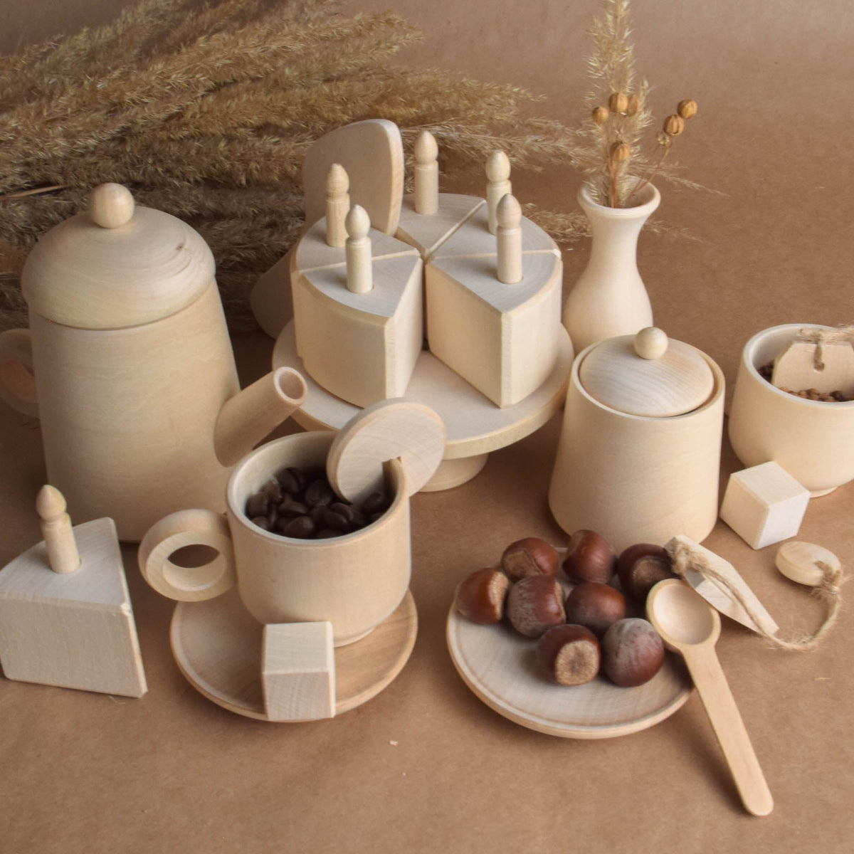 Handmade wooden tea and birthday cake play set for Montessori-inspired play, without paint or coating