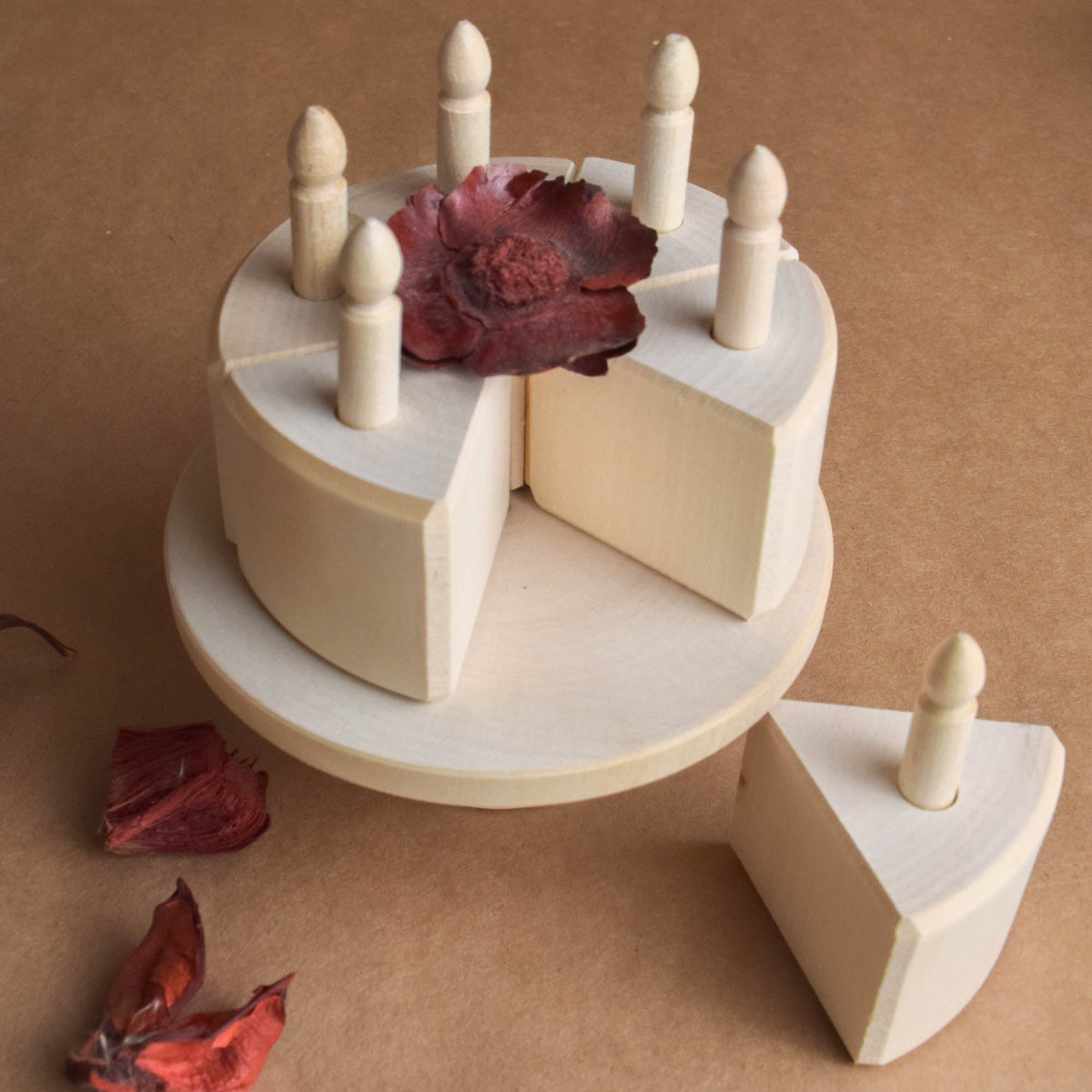 Handmade wooden tea and birthday cake play set for Montessori-inspired play, without paint or coating