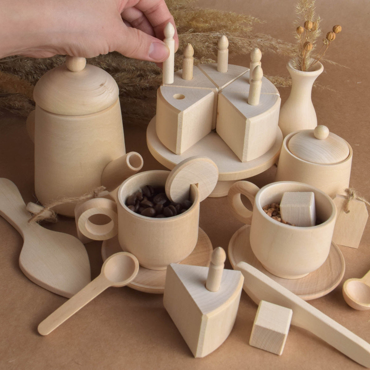 Handmade wooden tea and birthday cake play set for Montessori-inspired play, without paint or coating