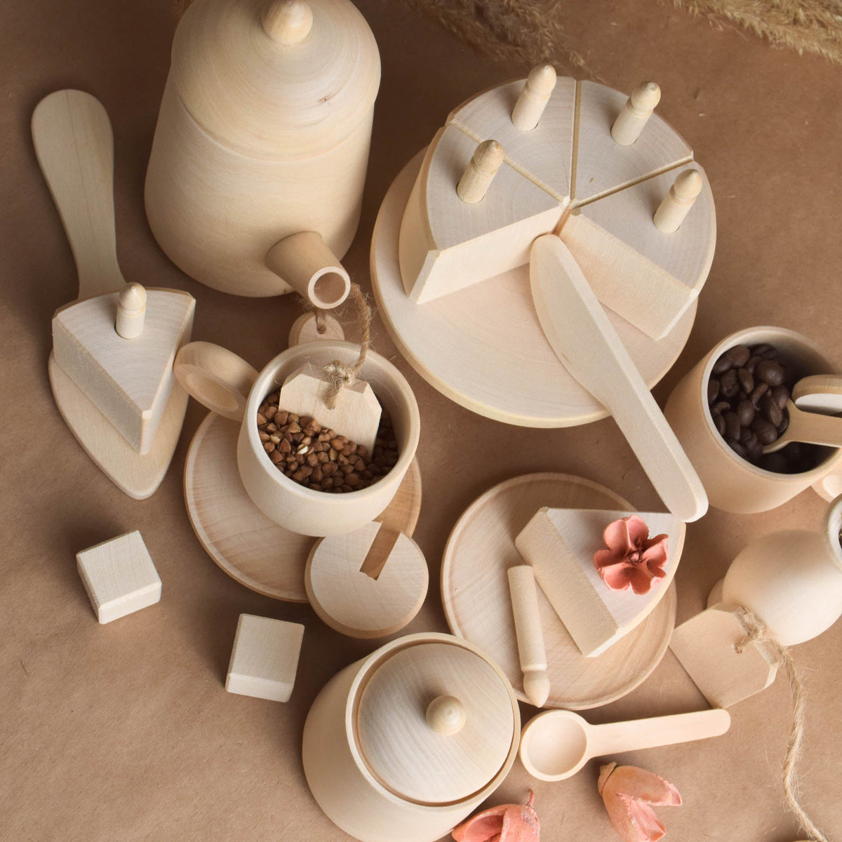 Handmade wooden tea and birthday cake play set for Montessori-inspired play, without paint or coating