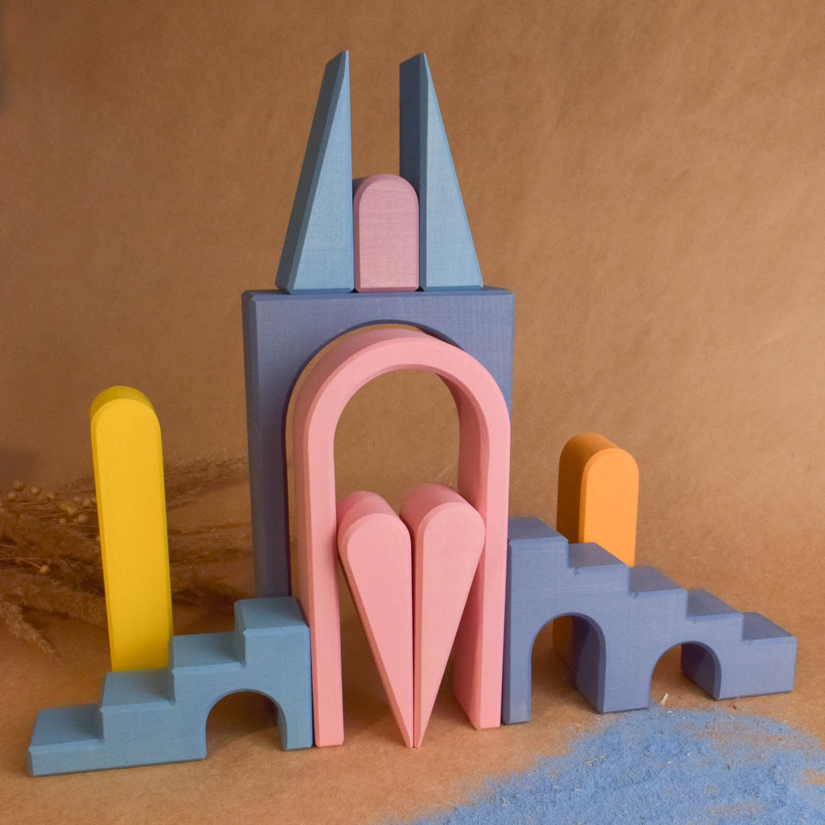 Pastel City Building Set wooden toy shown for open-ended building and imaginative play.