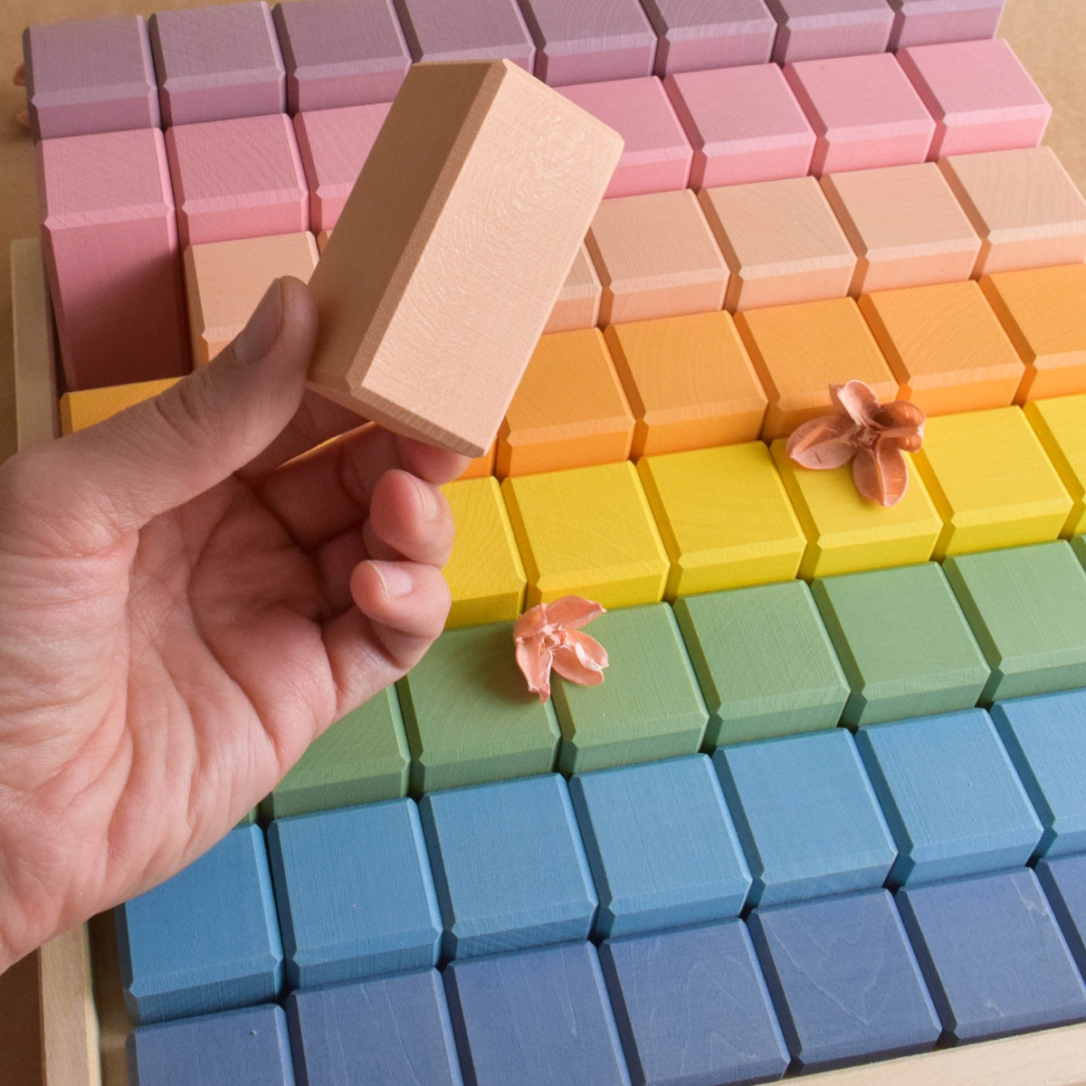 Product photo of Pastel Stepped Counting Blocks, a pastel-colored counting wooden stepped wooden counting blocks set.