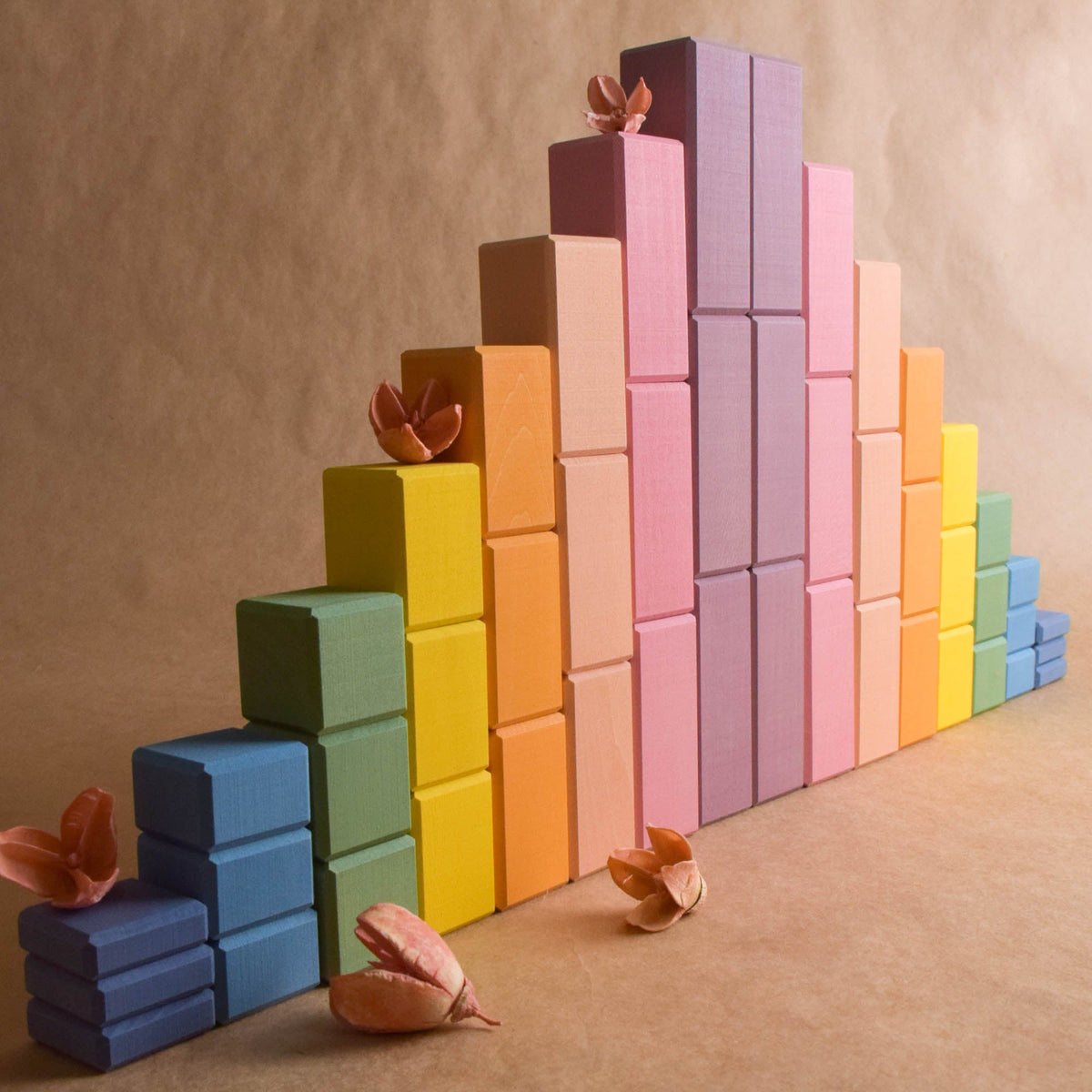 Pastel Stepped Counting Blocks set with pastel-colored counting wooden elements for hands-on construction play.