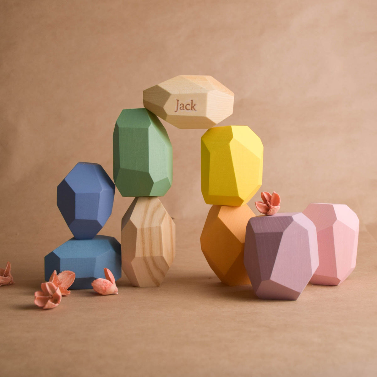 Handmade Montessori large pastel Tumi Ishi balancing blocks in linden wood with a natural wax finish