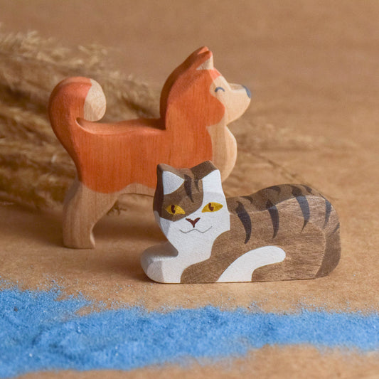 Wooden Toy Farm Animal Set Figurine Cat and Dog Handmade Children Toy Montessori