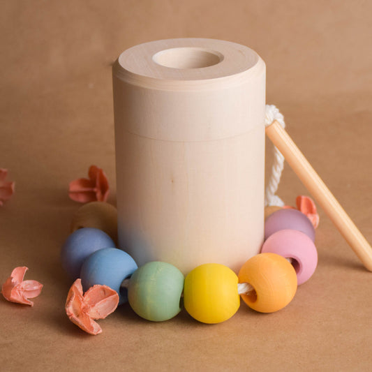Wooden Lacing Toy Color Sorter Balls and Cylinder Set Pastel Rainbow
