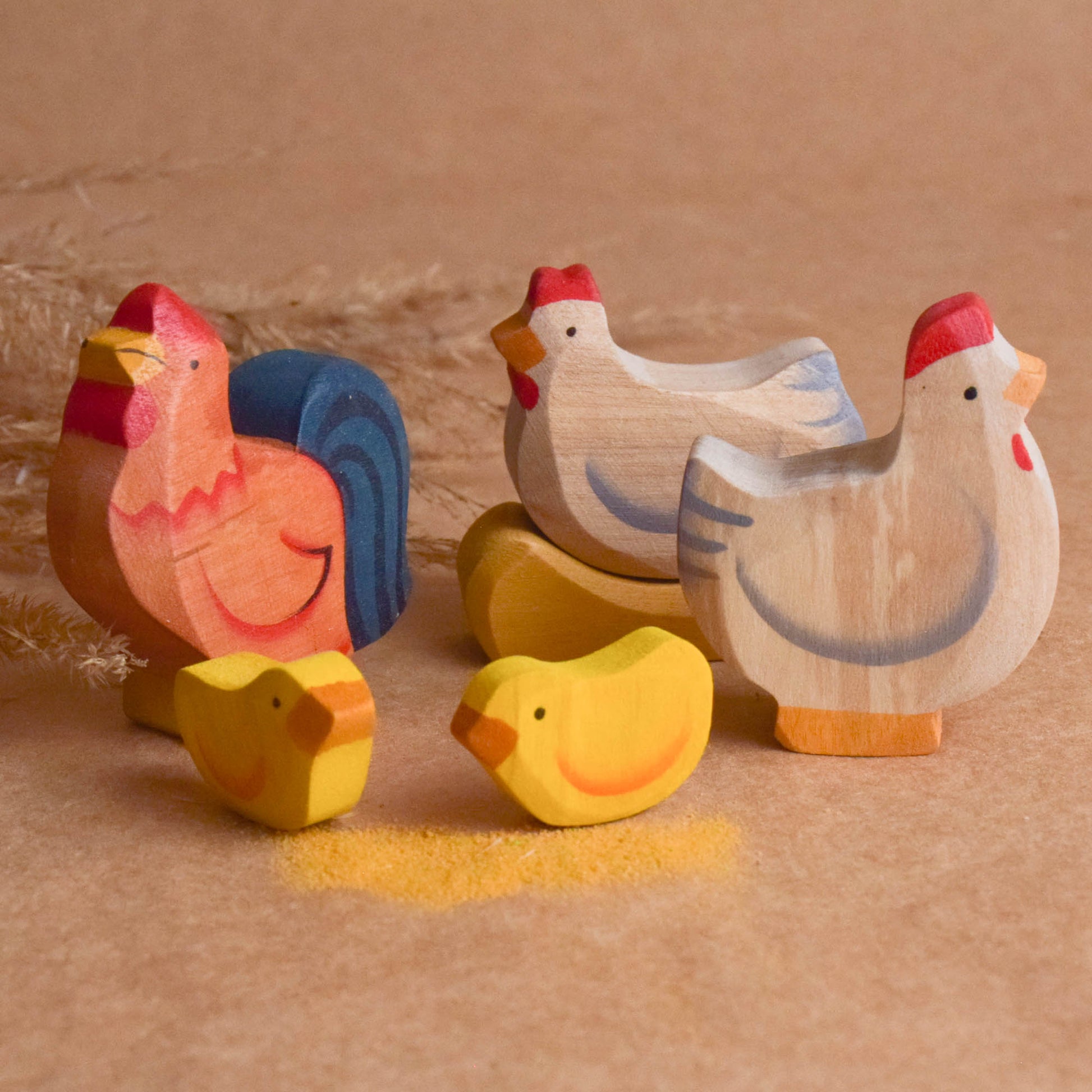 Wooden Farm Animal Figures Set Rooster, Hens and Chicks Children Handmade Toys