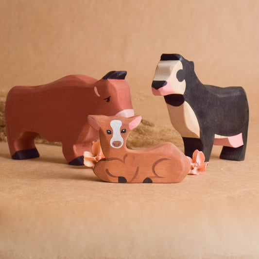 Wooden Farm Animal Figures Set Bull, Cow, Calf Children Toys Handmade Montessori