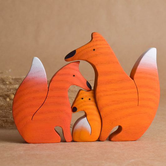 Wooden Woodland Animals Figurines Fox Family Handmade Puzzle Set Children's Gift