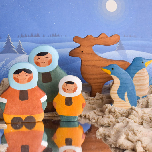 Handmade Wooden Figurines of Animals and People of the North Toy Unique Play Set