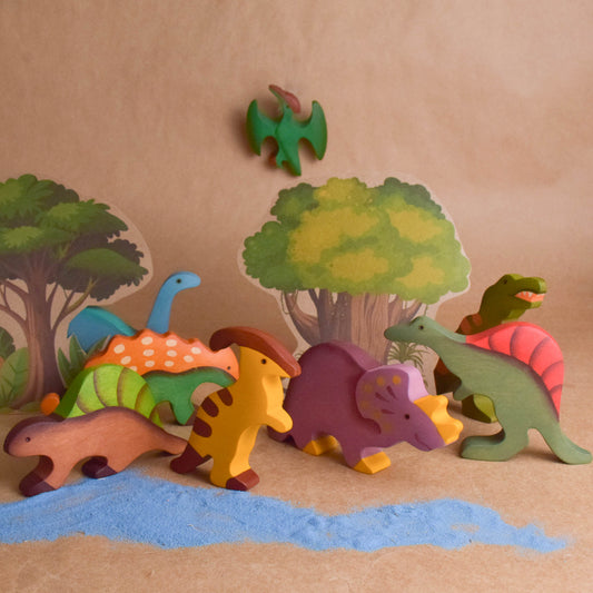 Handmade Wooden Dinosaur Figures Playset Educational Toys for Toddlers Children
