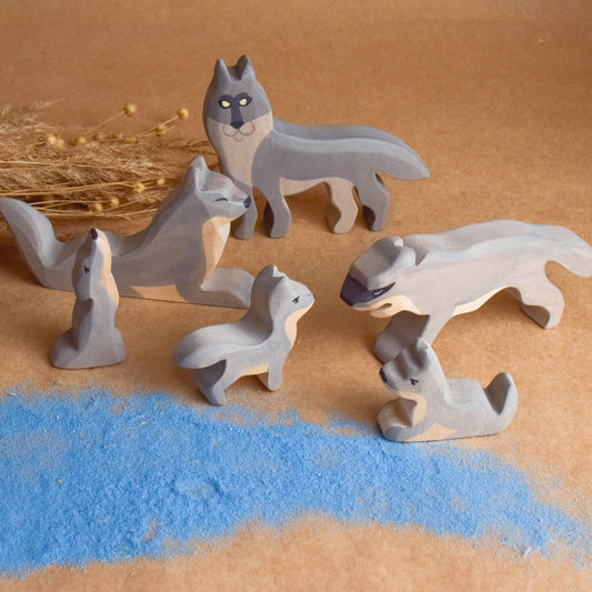 Wooden Woodland Animals Figurines Toys Playset Wolf Family Handmade Unique Toddlers Kids Gift