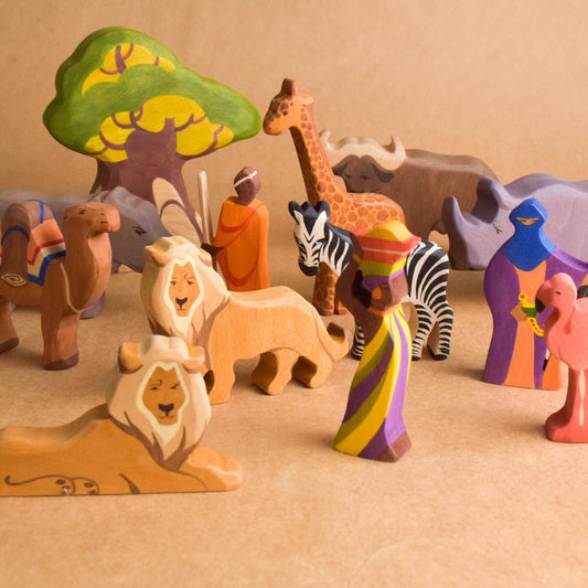 Handmade Wood African Animals Figurines Toys Play Set Zoo Jungle Kids Room Decor Handmade Unique Gift for Birthday