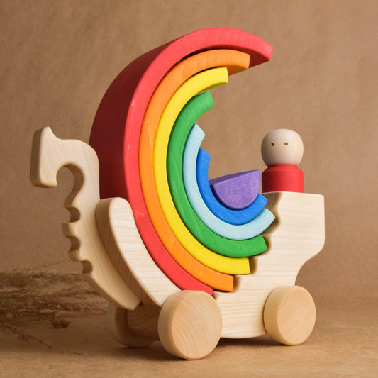 Wooden Land Yacht with Rainbow Stacking Toy and Peg Doll Handmade