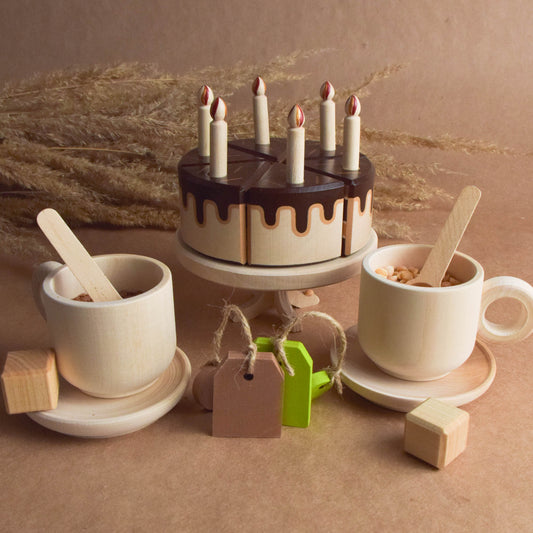 Wooden Tea and Cake with Candles Play Set for Playing Montessori Play