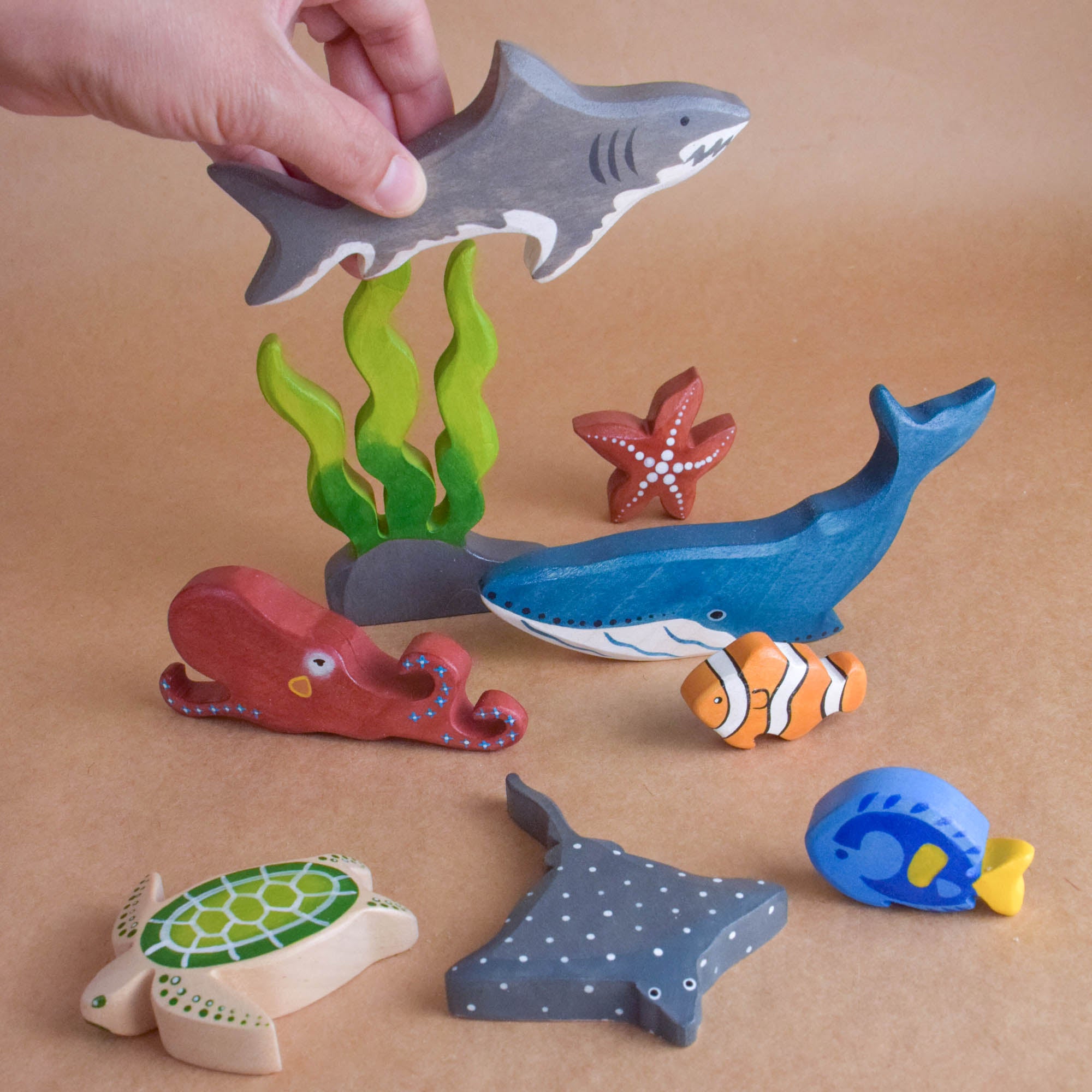 Wooden Sea Animals Toy Set Montessori Ocean Creature Figurines