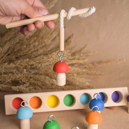 Wooden Balance Color Sorting Toy Mushrooms on Fishing Rod Montessori