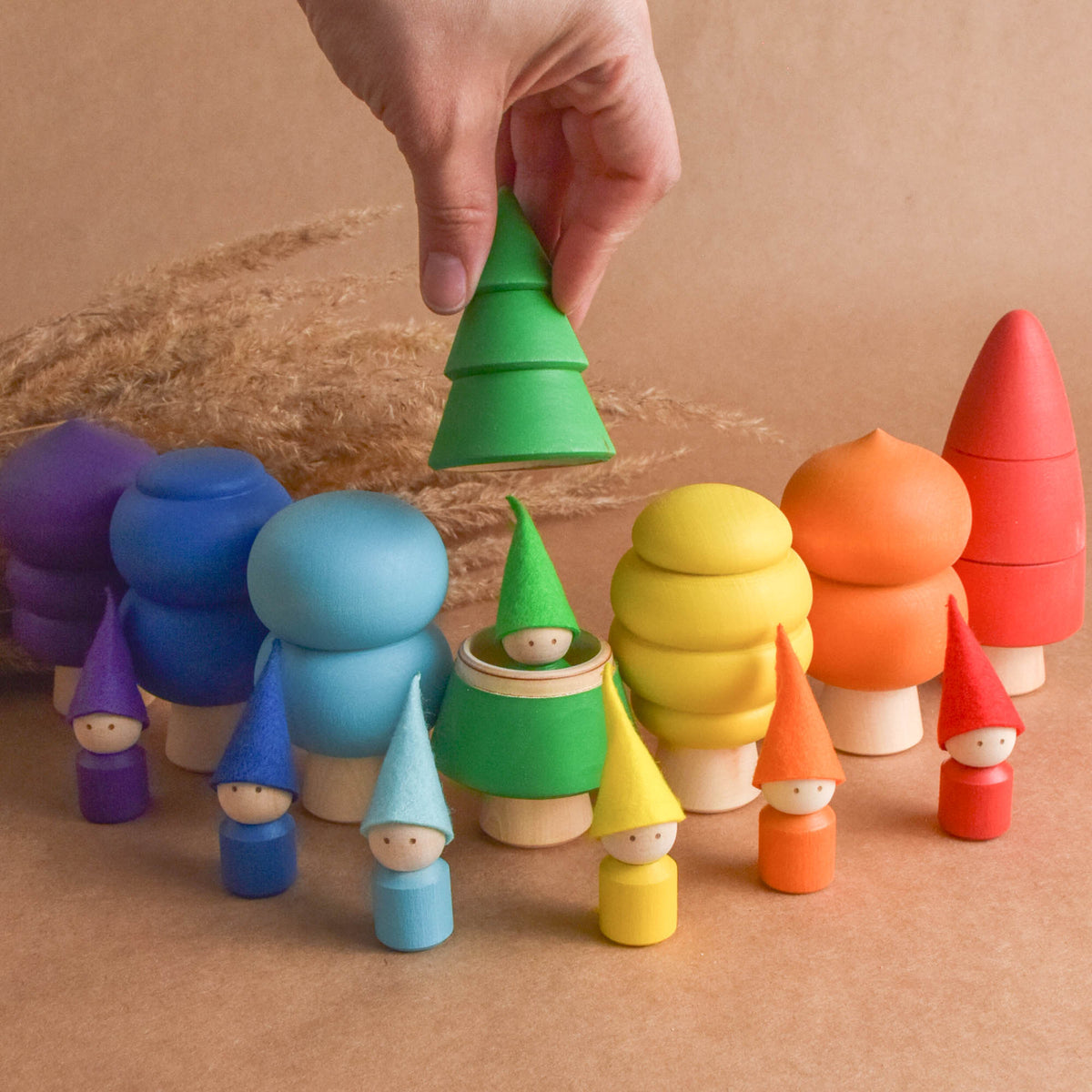Wooden Opening Trees Set Rainbow Toy Figurine Woodland Waldorf Kids
