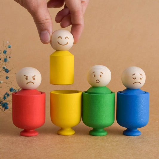 Wooden Emotion Peg Dolls in Cups Montessori Color Sorter
