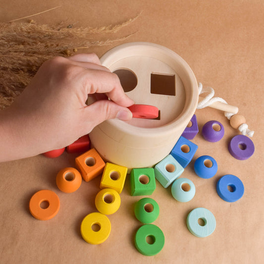 Wooden Shape Sorter Toy Rainbow Cubes Balls Coins Box Lacing Toy