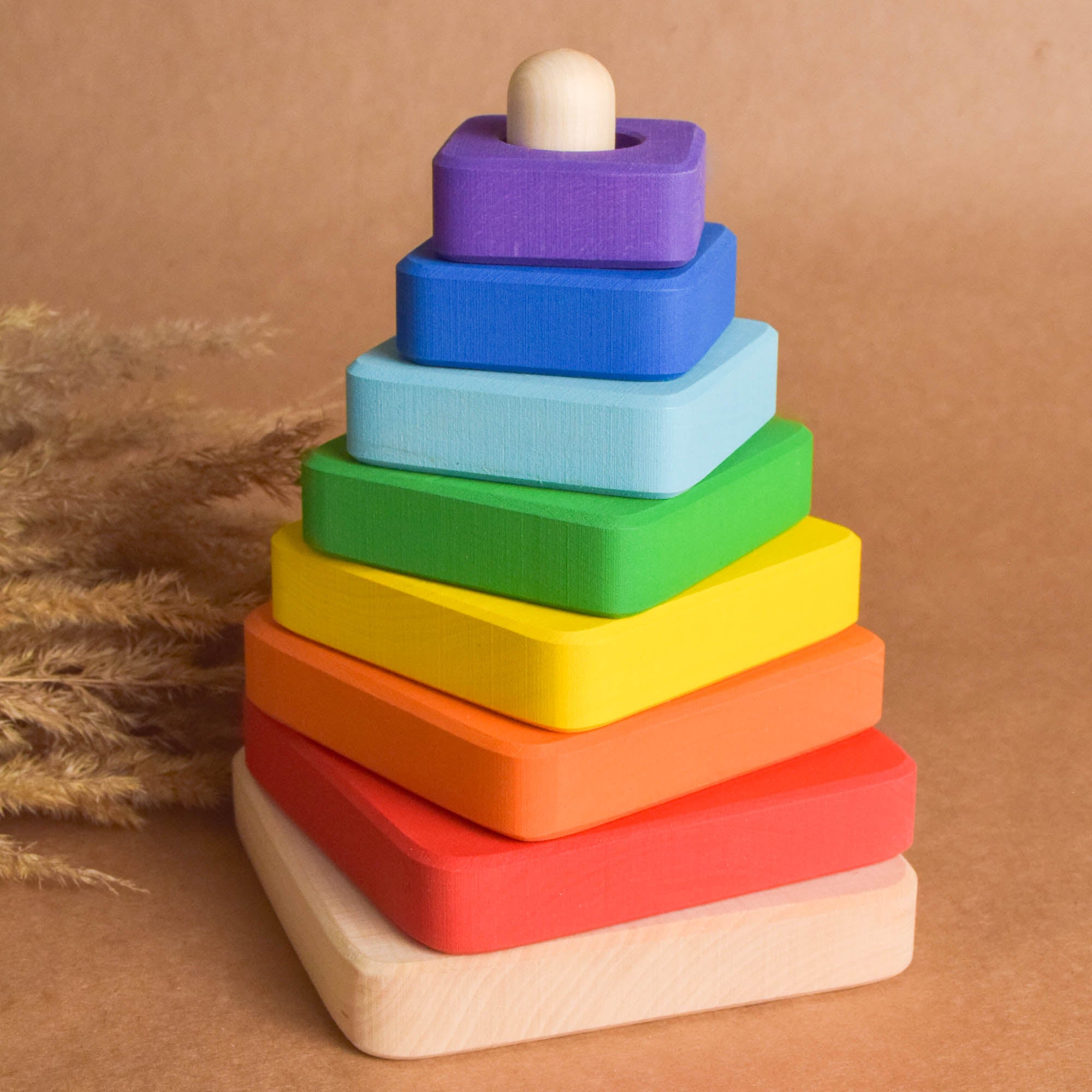 Personalized Wooden Stacking Rings Toy Square Rainbow Montessori 