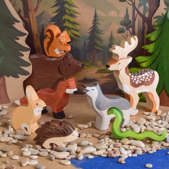 Wooden Woodland Animal Figurines Set Montessori Waldorf Forest Toys