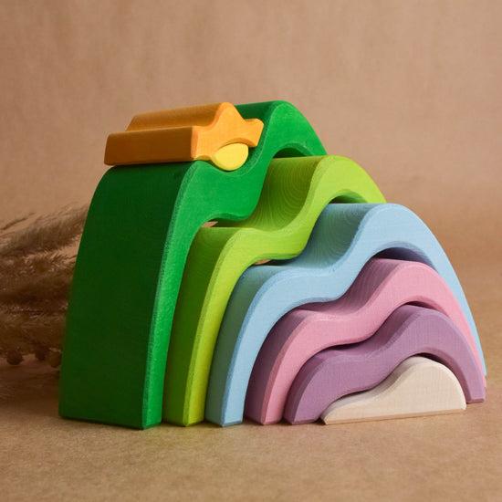 Wooden Mountain Stacker Toy with Sun Montessori Nursery Decor