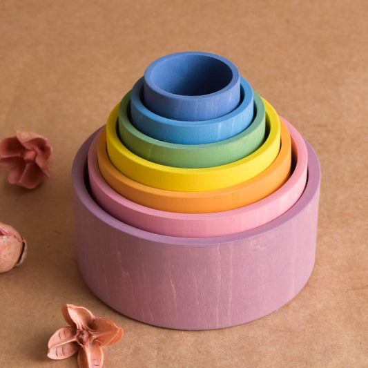 Stacking Cups Toy Wooden Bowls Set Pastel Color Nesting Montessori