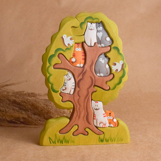 Handmade Wooden Toys for Children Animals Figurines Cats on the Tree Puzzle Kids