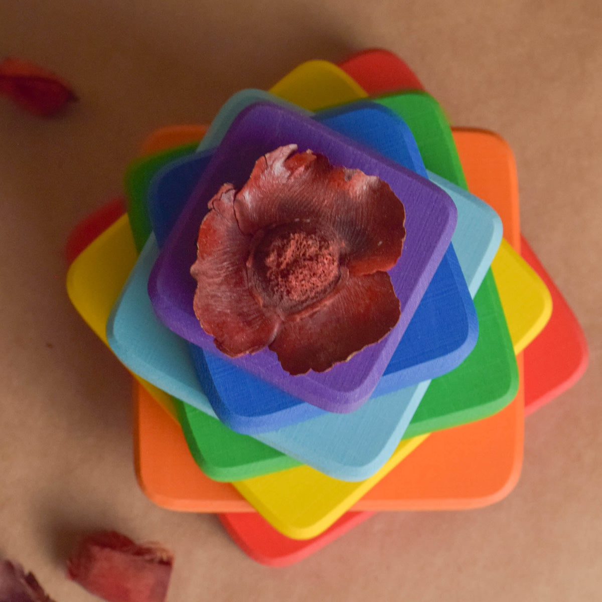 Wooden stacking rings toy with rainbow-colored square rings