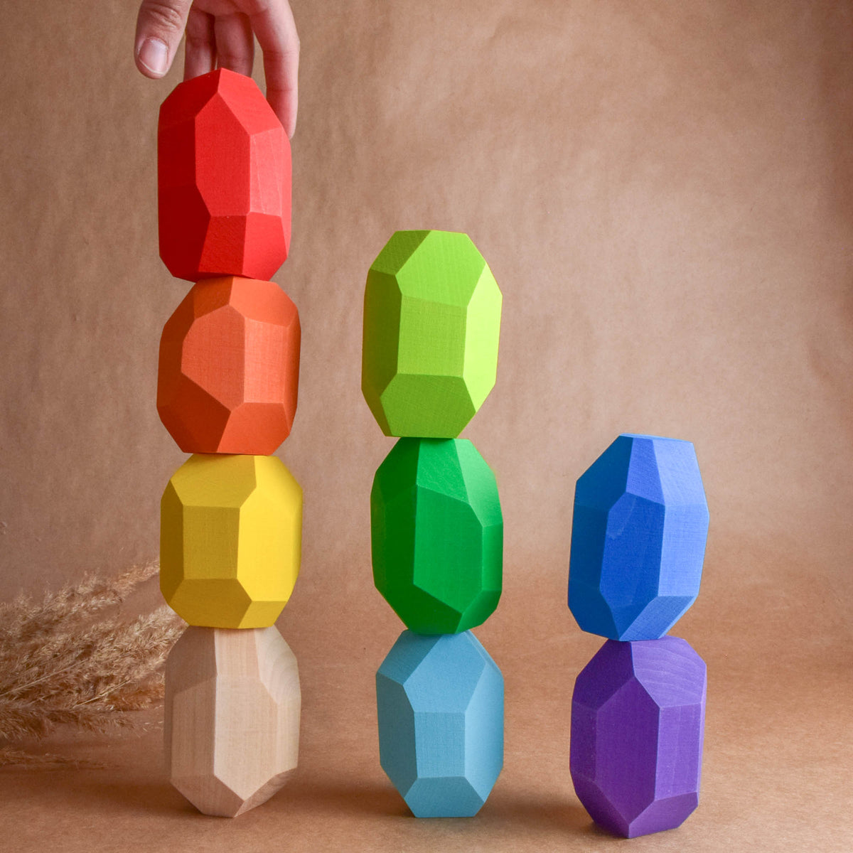 Handmade Montessori large rainbow Tumi Ishi blocks in linden wood with a natural wax-and-oil finish