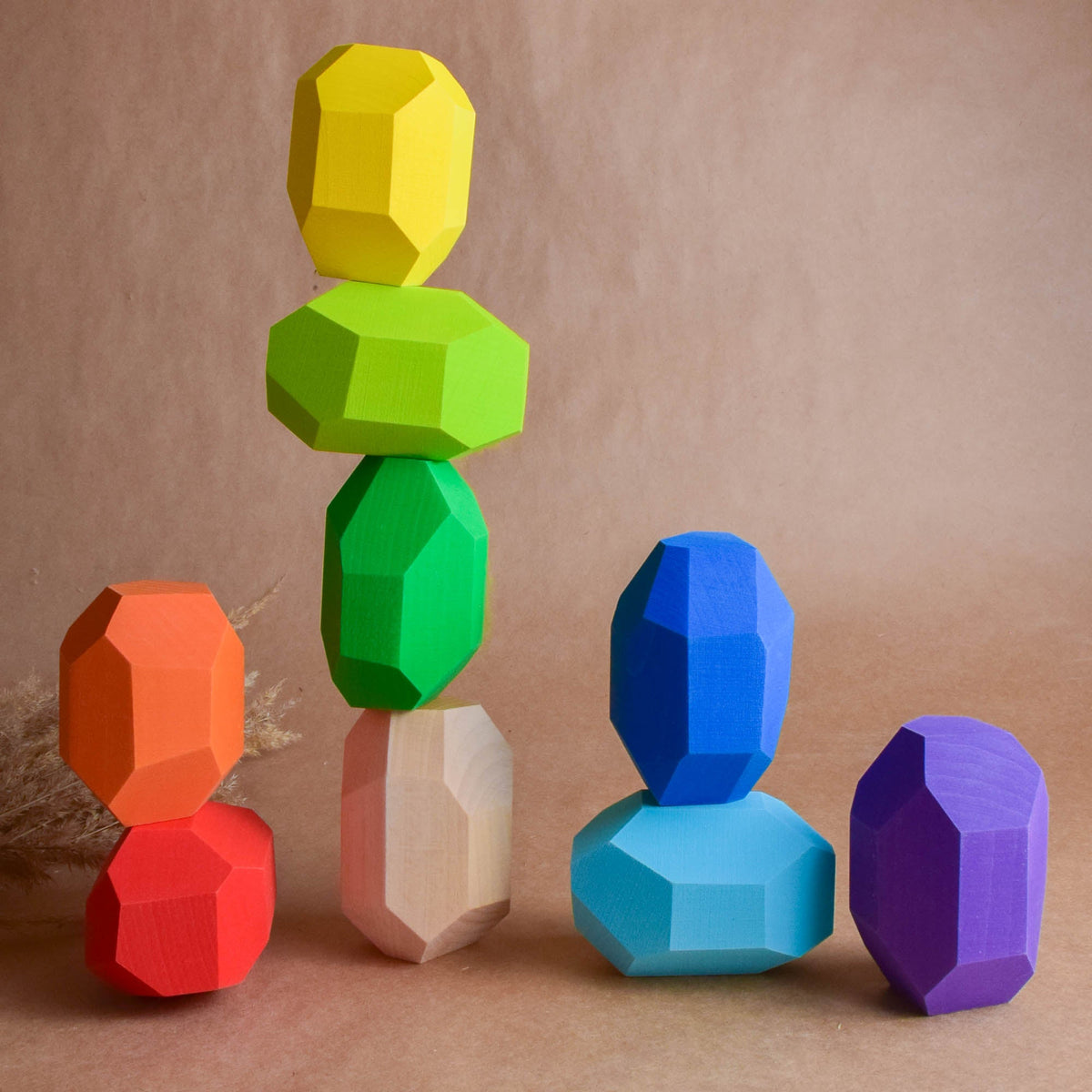 Handmade Montessori large rainbow Tumi Ishi blocks in linden wood with a natural wax-and-oil finish