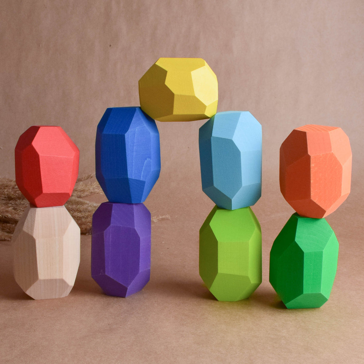 Handmade Montessori large rainbow Tumi Ishi blocks in linden wood with a natural wax-and-oil finish