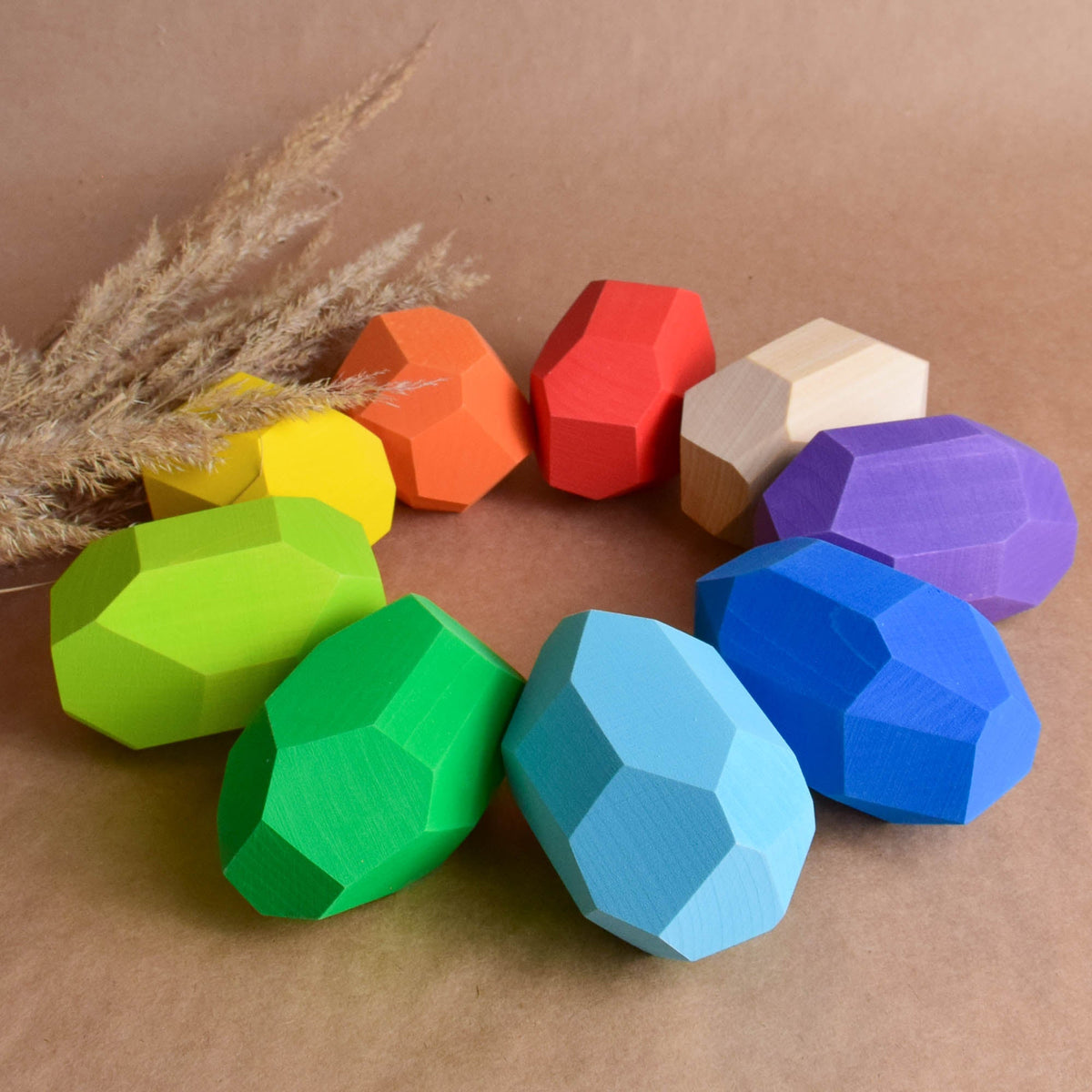Handmade Montessori large rainbow Tumi Ishi blocks in linden wood with a natural wax-and-oil finish
